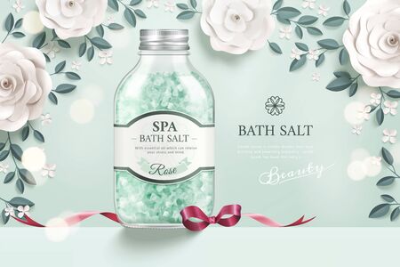 Elegant bath salt ads with white paper flowers in 3d illustrationのイラスト素材
