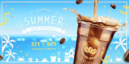 Cold brew coffee ads with glimmering bokeh summer ocean background in 3d illustrationのイラスト素材