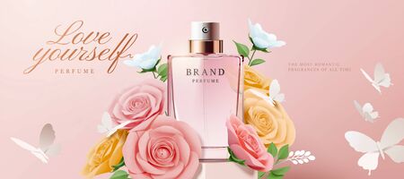 Elegant perfume banner ads with paper roses and flowers on pink background in 3d illustrationのイラスト素材