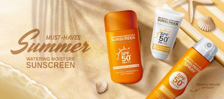 Flat lay summer sunscreen banner ads on sand beach background in 3d illustrationのイラスト素材