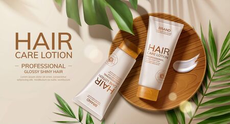 Flat lay hair care lotion ads with tropical leaves in 3d illustrationのイラスト素材