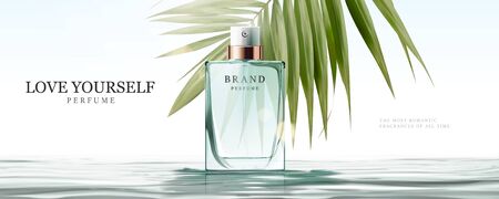 Elegant perfume glass bottle ads upon water surface in 3d illustrationのイラスト素材