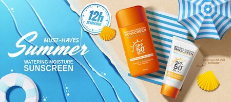 Flat lay summer sunscreen banner ads on paper art beach background in 3d illustrationのイラスト素材