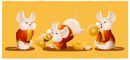 Cute mice holding gold coin on yellow for lunar year designのイラスト素材