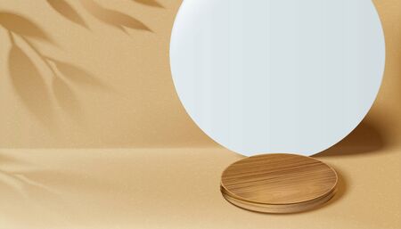 Modern geometric round paper background with wooden coaster in 3d illustrationのイラスト素材