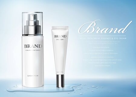 Moisture skincare product ads with watery water drops on blue background in 3d illustrationのイラスト素材
