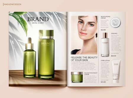 Refreshing skincare magazine template with beautiful model and multiple products in 3d illustrationのイラスト素材