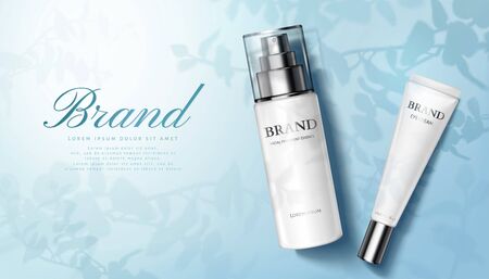 Nature skincare products ad with spray bottle and eye cream container on plant shadow blue background, 3d illustration flat layのイラスト素材
