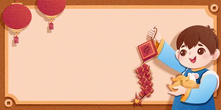 Cute boy holding firecrackers and gold ingot with copy space background in paper art styleのイラスト素材