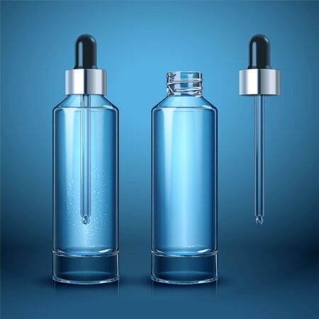 Blue skincare blank droplet bottle set in 3d illustrationの写真素材