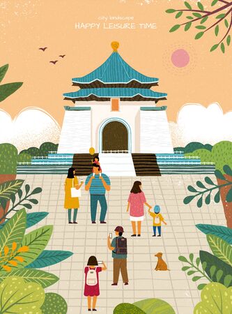 City landscape Chiang kai shek memorial hall touring poster in hand drawn flat style, Taiwan travel concept illustrationの写真素材