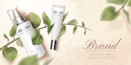 Nature skincare product ads with green leaves in 3d illustration, flat lay styleの写真素材