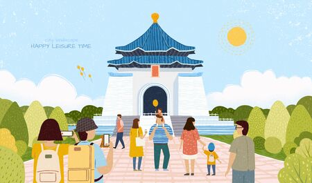 City landscape Chiang kai shek memorial hall touring illustration in hand drawn flat style, Taiwan travel conceptの写真素材