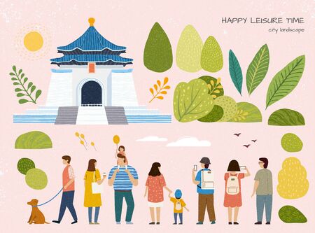 City landscape Chiang kai shek memorial hall touring illustration set in hand drawn flat style, Taiwan travel conceptの写真素材