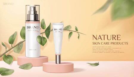 Nature skincare product ads with green leaves in 3d illustrationの写真素材