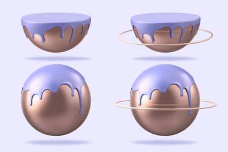Lovely 3d illustration bronze planet with violet purple liquid covering on it, planets setのイラスト素材