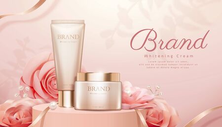 Romantic cosmetic products ads with pink paper roses and pearl decorationsのイラスト素材