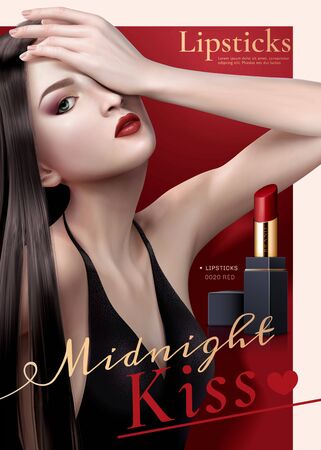 Attractive lipstick ads poster with sexy model on redのイラスト素材