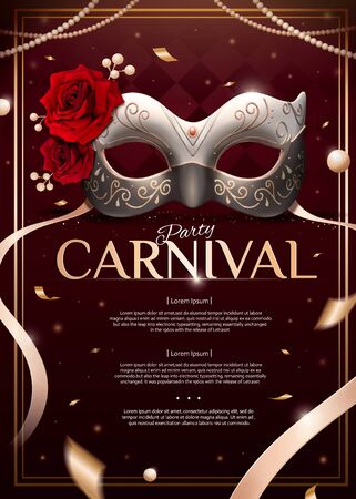 Masquerade party design with silver mask and roses on burgundy redのイラスト素材