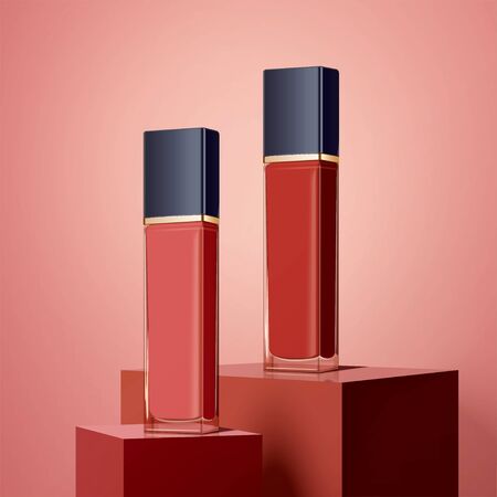 Attractive pink and red lips gloss products on square stage in 3d illustrationのイラスト素材