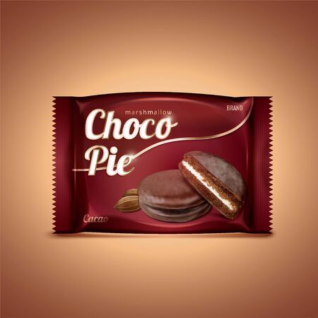 Choco pie foil package in 3d illustration isolated on brown backgroundのイラスト素材