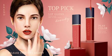 Elegant red and pink lip gloss on square podium and beautiful woman besides them, 3d illustration lip glossのイラスト素材