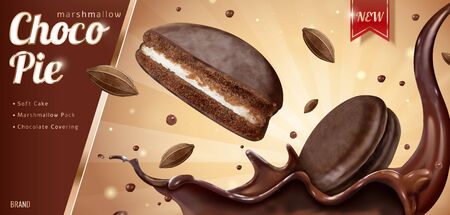 Choco pie ads with splashing chocolate sauce in 3d illustrationのイラスト素材