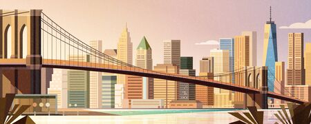 Brooklyn bridge and Manhattan skyline in flat style, New York City sceneのイラスト素材
