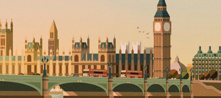 Big ben and westminster bridge scene in flat styleのイラスト素材
