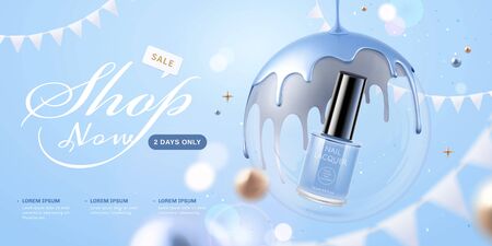 Light violet tone nail lacquer floating in the transparent bubbles with party flags decoration, 3d illustration product adsのイラスト素材