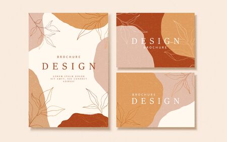 Flyer and business card template design with line style leaf decorations on earth tone pink and orange color backgroundのイラスト素材