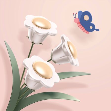 White 3d illustration cute flowers and butterfly on pink backgroundのイラスト素材