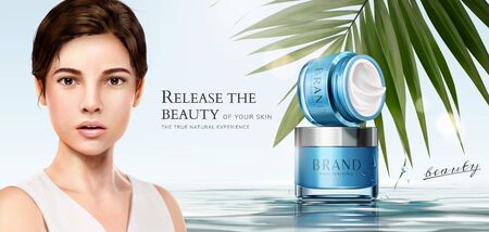 Fresh blue moisturizing cream jar ads upon watery surface with beautiful woman in 3d illustrationのイラスト素材