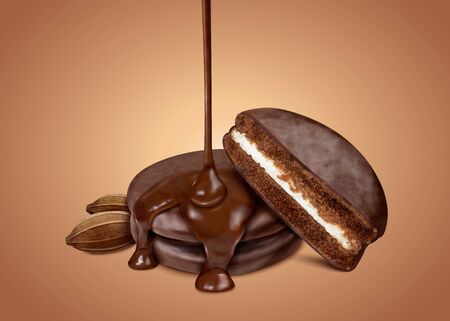 Choco pie with dripping chocolate syrup and cocoa nut in 3d illustration isolated on brown backgroundのイラスト素材