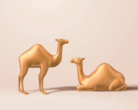 3d illustration of cute brass camel figurines isolated on ivory beige background, with one standing and one sitting on floorのイラスト素材