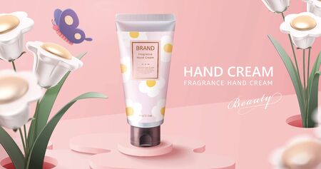 Natural cosmetic banner template, design with realistic chamomile hand cream package mock-up and cute flowers aside on salmon pink background, 3d illustrationのイラスト素材
