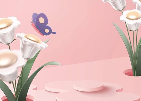 Romantic spring background with white daisies and purple butterfly, side view, 3d illustration