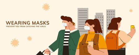 Wear a mask during COVID-19 outbreak to avoid contacting respiratory droplet, protecting yourself from potential novel coronavirus infectionのイラスト素材