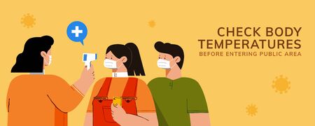Body temperature check before entry during COVID-19 outbreak, avoiding potential novel coronavirus spreading conceptのイラスト素材