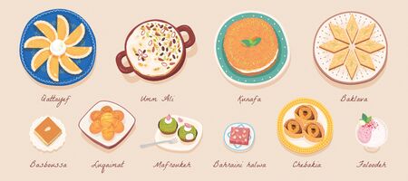 Lovely ten Middle Eastern Ramadan desserts on beige banner in top view angle for iftar, snack names written below the dishesのイラスト素材