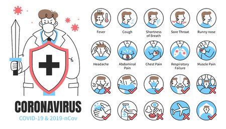 Infographic elements about COVID-19 symptoms and protective measures, with a doctor holding shield and sword on the right side, for health education useのイラスト素材