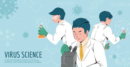 Three hardworking medical scientists trying to find the vaccine and treatment for COVID-19, design in flat styleのイラスト素材