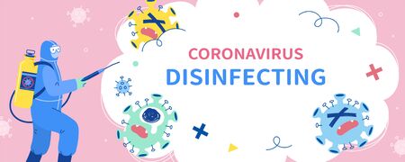 COVID-19 disinfection banner, a man with goggles and hazmat suits holding a disinfectant sprayer to bravely fight the coronavirusのイラスト素材
