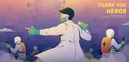 Disease control is like a war against virus, with scientist and medical workers fighting hard against COVID-19, thank you banner in retro future styleのイラスト素材