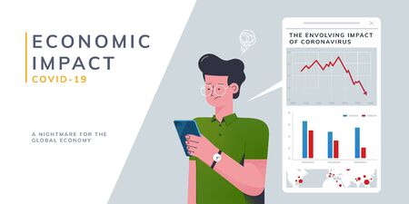 Concept of COVID-19 impact on global economy, with a young man getting upset due to the dramatic plunge on stock marketのイラスト素材