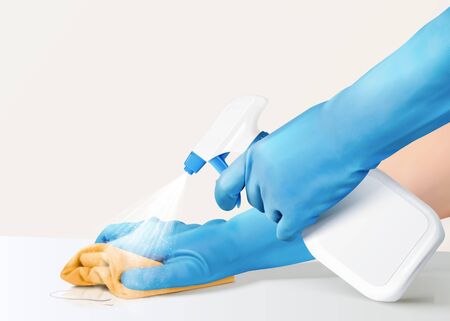 3d illustration of realistic hands holding trigger spray bottle and using rug to do cleansing on white tableのイラスト素材