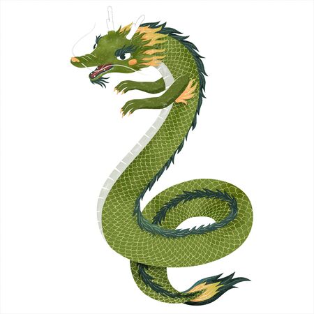 Adorable green Chinese dragon in flat design, mythological creature isolated on white backgroundのイラスト素材