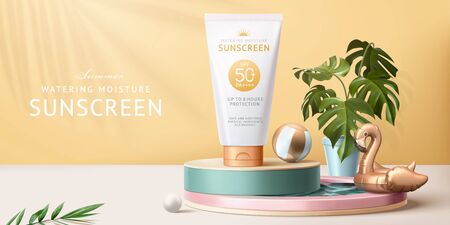 Sunscreen ad template, concept of skin care during summer season, designed with realistic tube mock-up displayed on swimming pool figurine, 3d illustrationのイラスト素材
