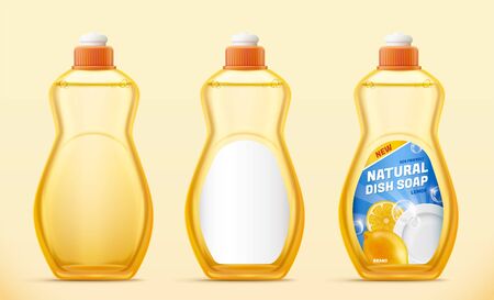 Bottle design for dishwashing liquid soap in 3d illustration, isolated on light yellow backgroundのイラスト素材