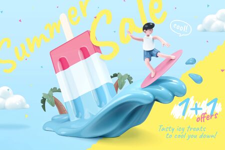 Sale promotion template for icy treats, with cute boy surfing on melting  waves, 3d illustrationのイラスト素材